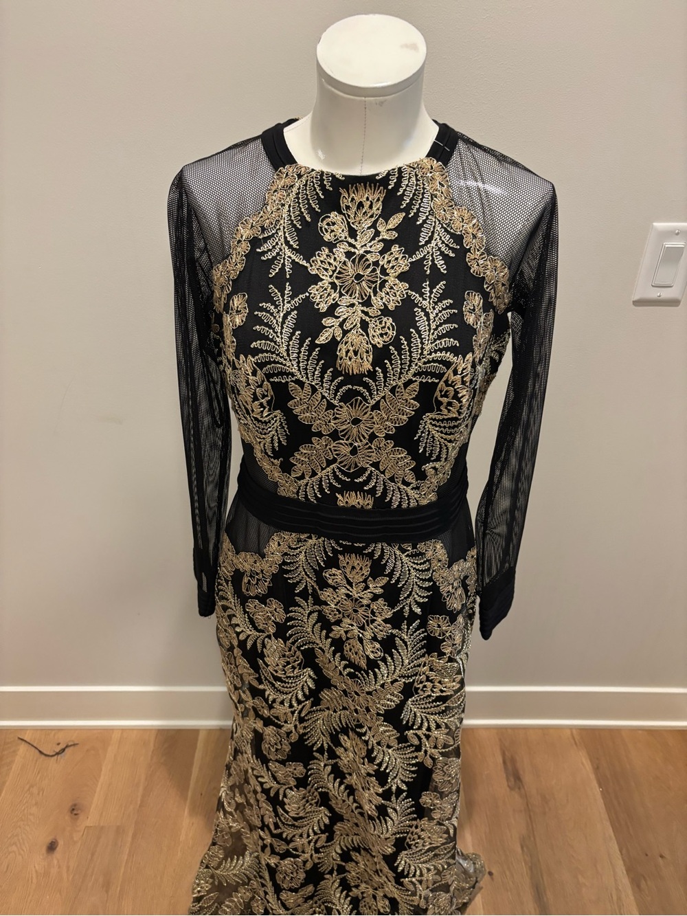 Tadashi Shoji Black & Gold Lace-Embroidered Sheer-Sleeve Gown - Picture 11 of 12